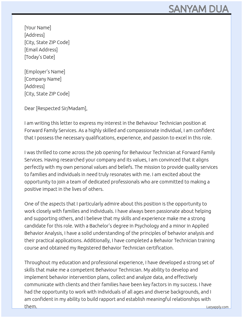 Behaviour Technician At Forward Family Services Cover Letter