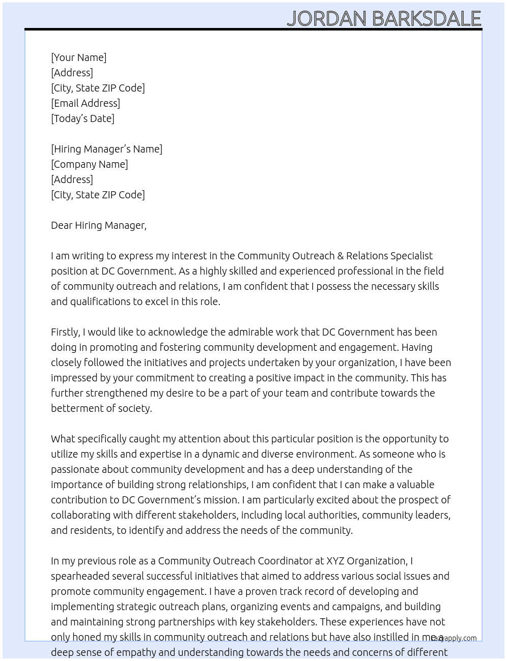 Community Outreach & Relations Specialist At DC Government Cover Letter