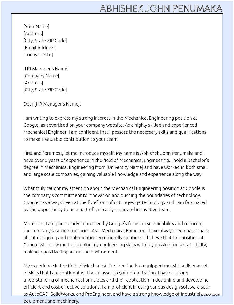 Mechanical Engineering  At Google Cover Letter