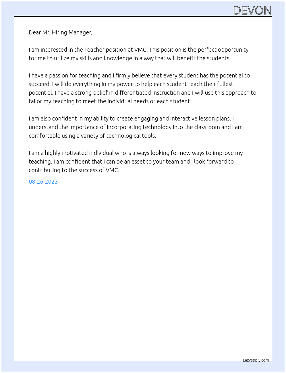 Teacher  At VMC Cover Letter