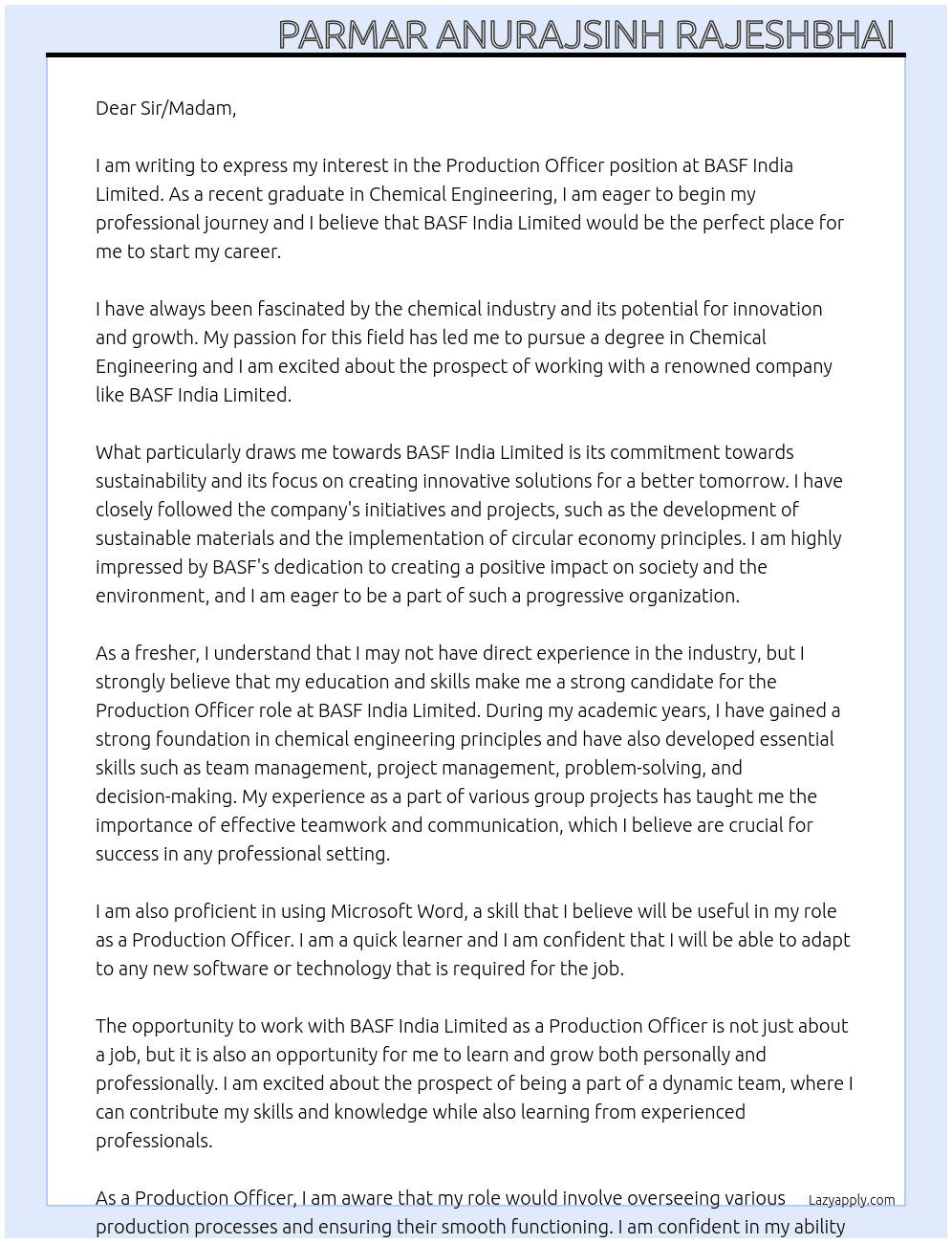 Production officer   At BASF India limited  Cover Letter