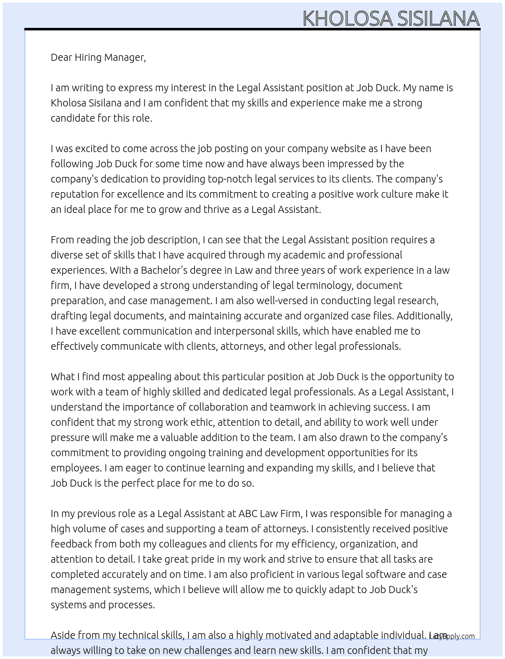 Legal Assistant At Job Duck Cover Letter