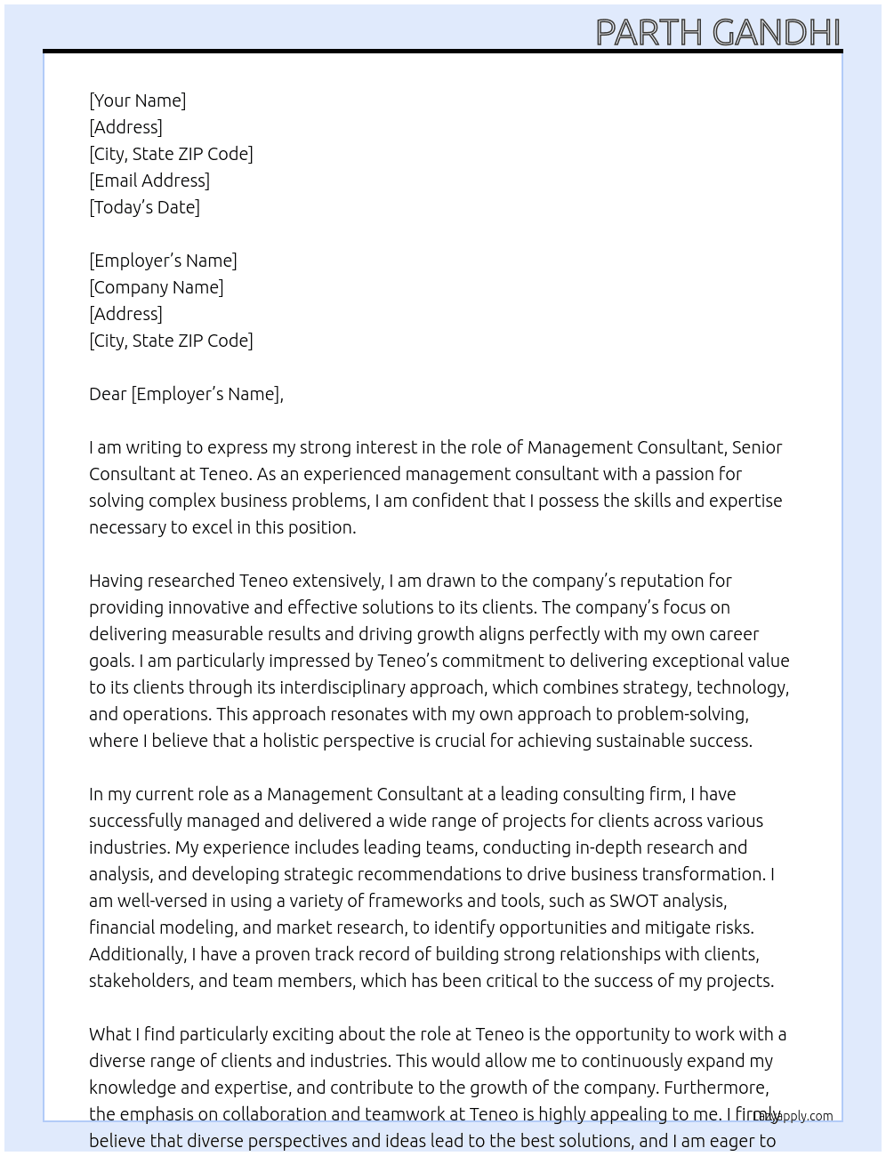 Management Consultant, Senior Consultant At Teneo Cover Letter
