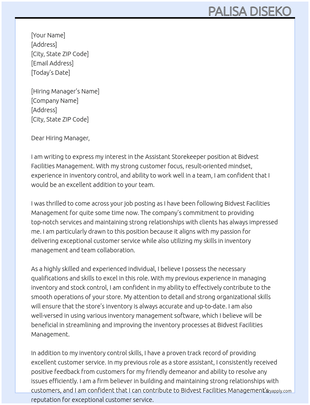 Assistant storekeeper At Bidvest facilities management  Cover Letter