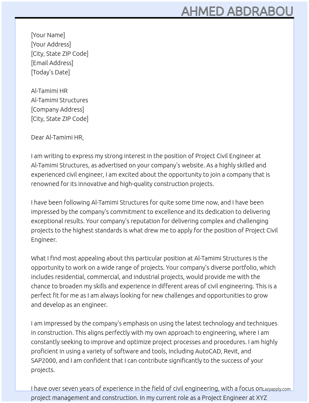 Project Civil Engineer At Al-Tamimi Structures Cover Letter