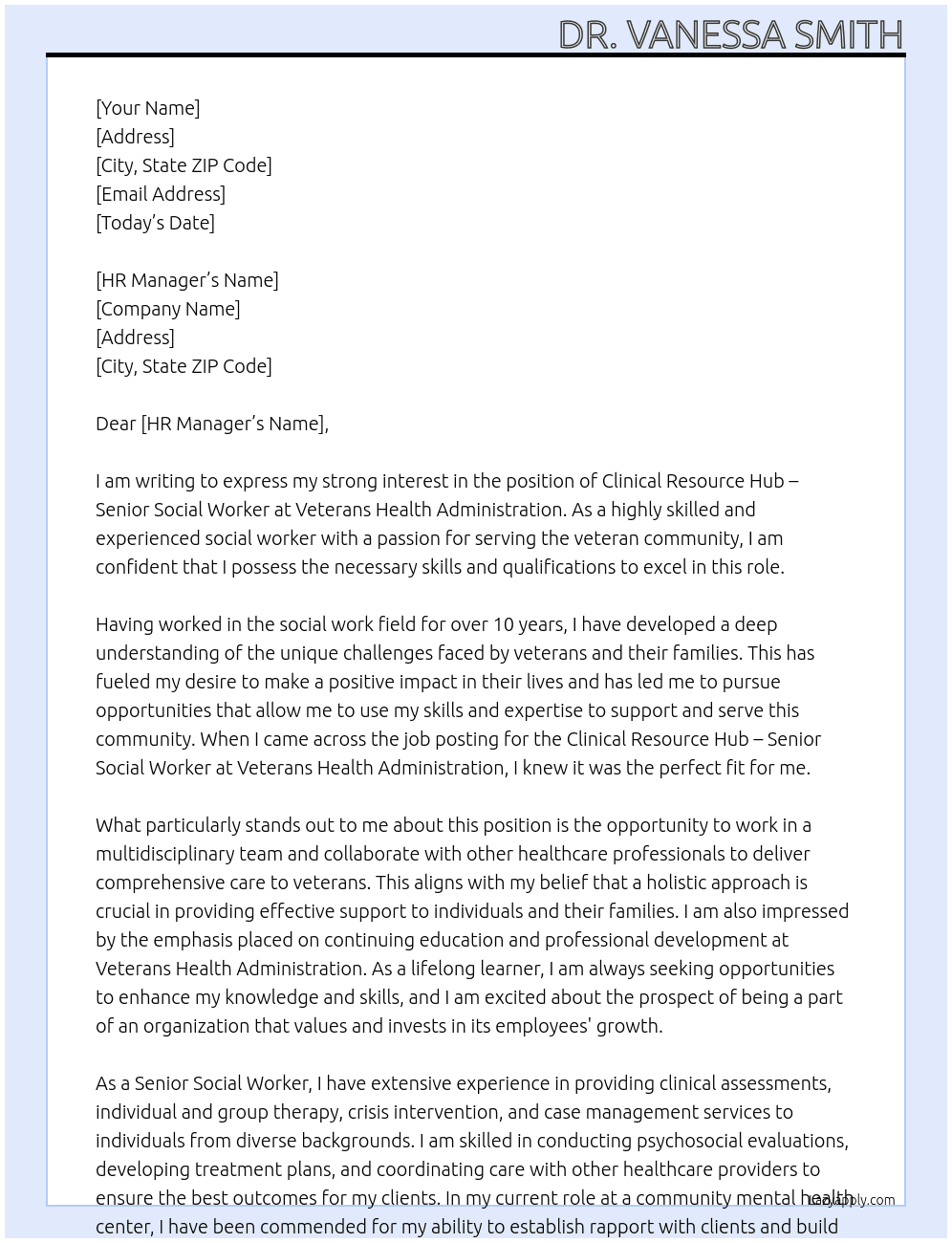 Clinical Resource Hub- Senior Social Worker At Veterans Health Administration Cover Letter