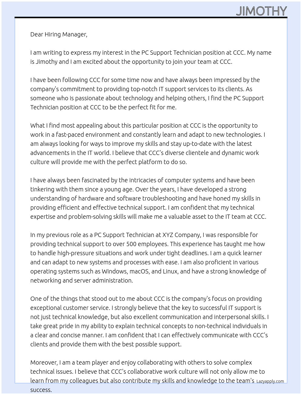 PC Support Technician At CCC Cover Letter