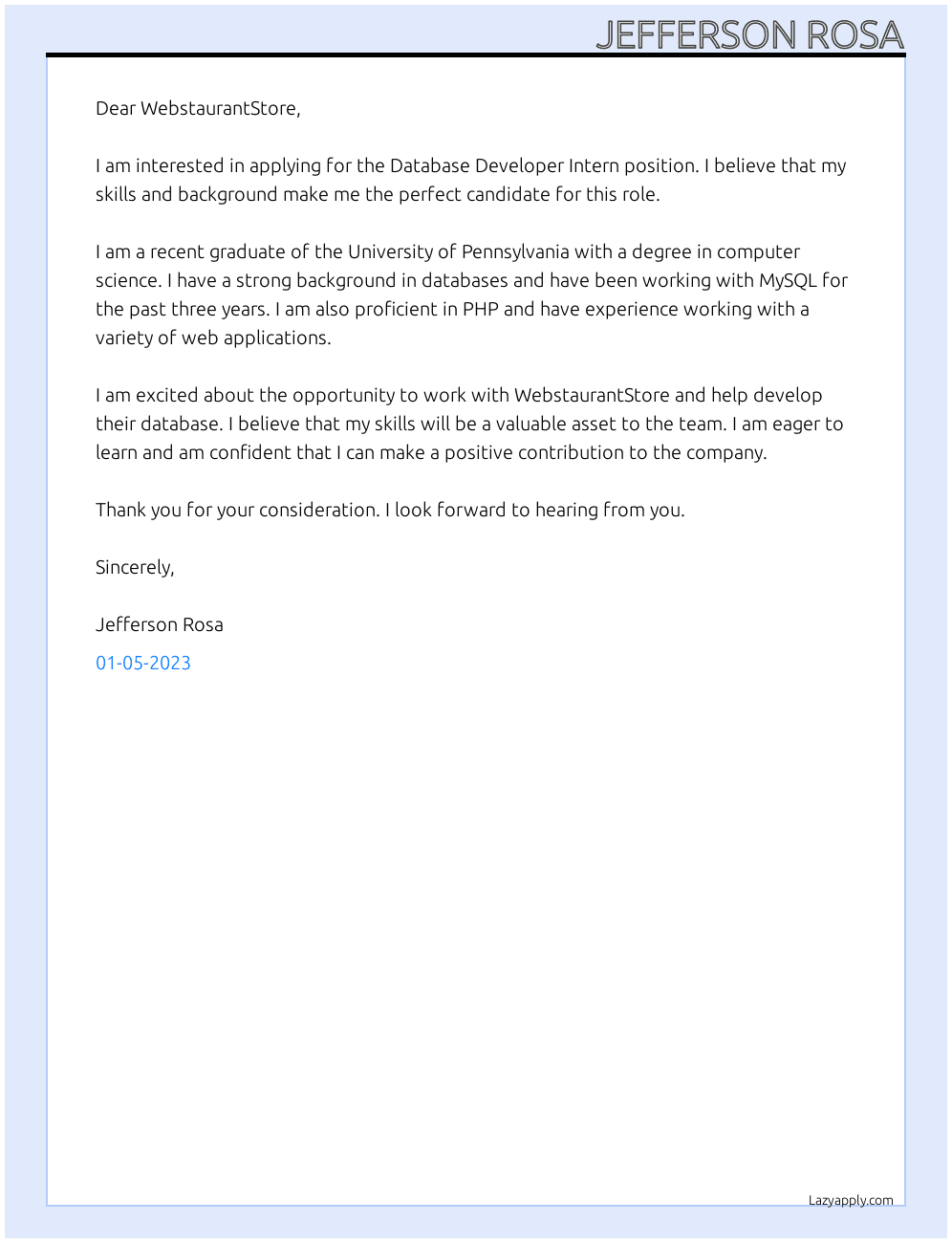 Database Developer Intern At WebstaurantStore Cover Letter