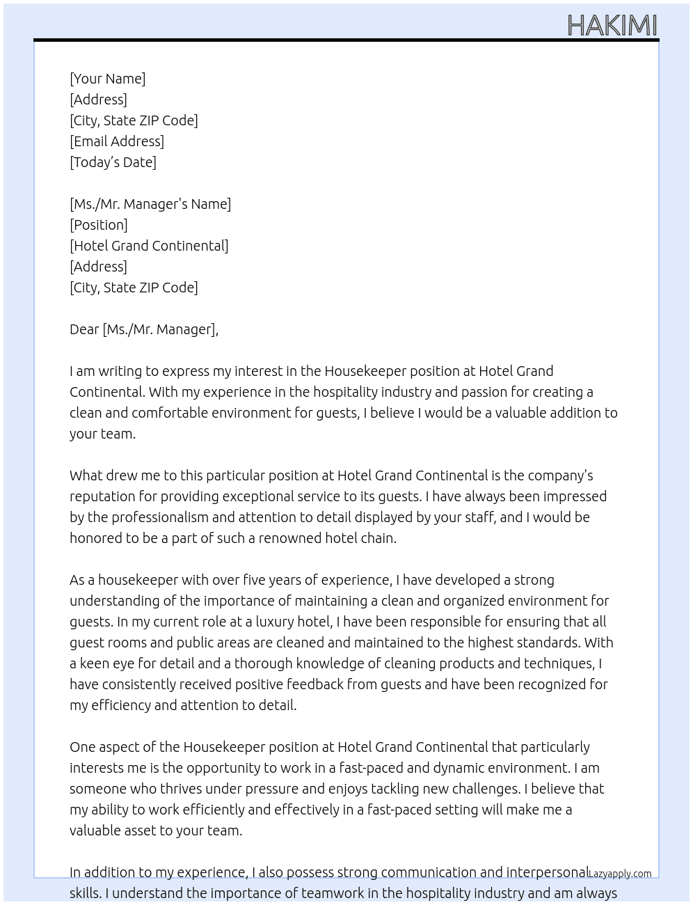 Housekeeper At Hotel grand continental Cover Letter