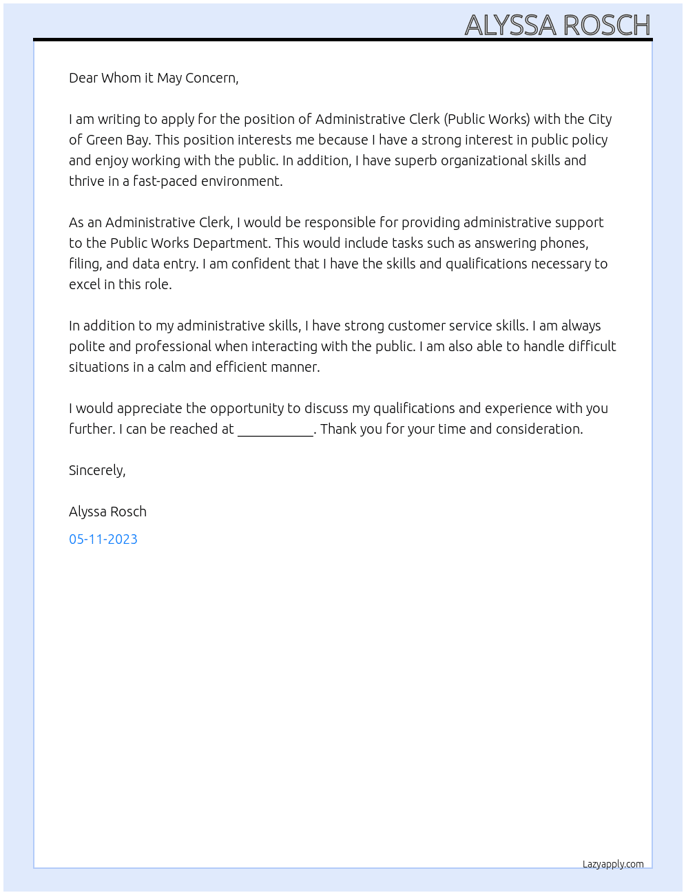 Administrative Clerk (Public Works) At City of Green Bay Cover Letter