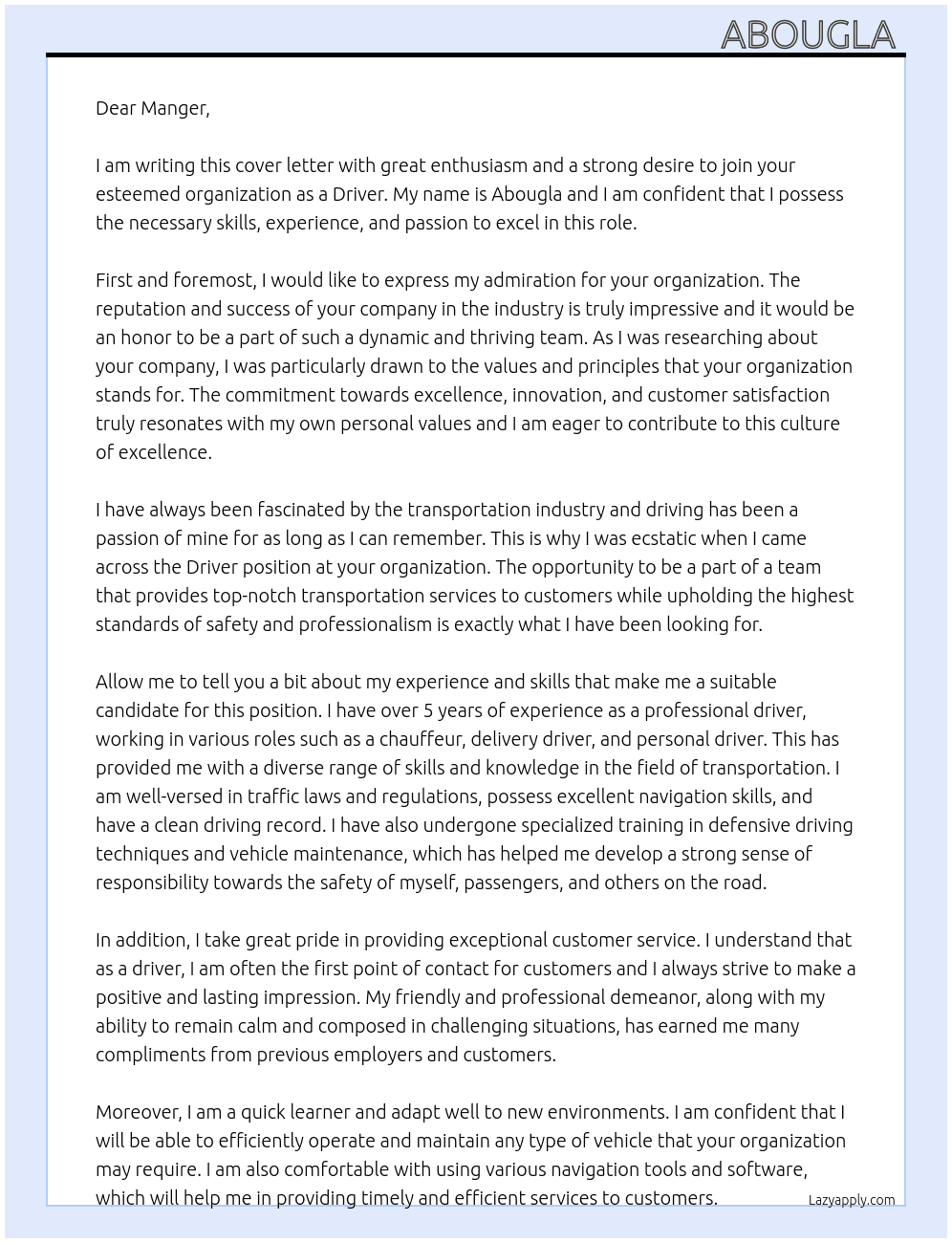 Driver  At Organisation  Cover Letter