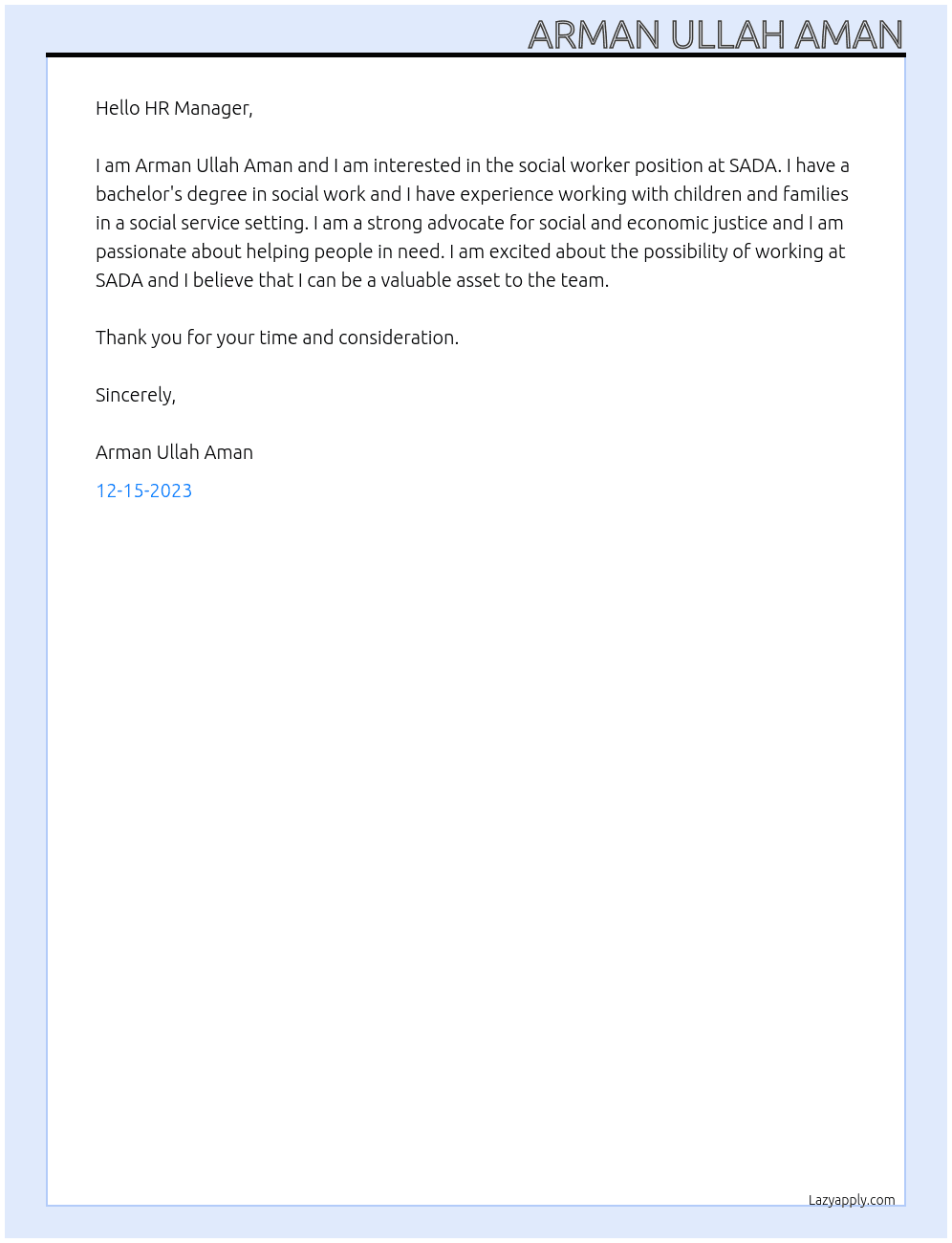 Social worker  At SADA  Cover Letter