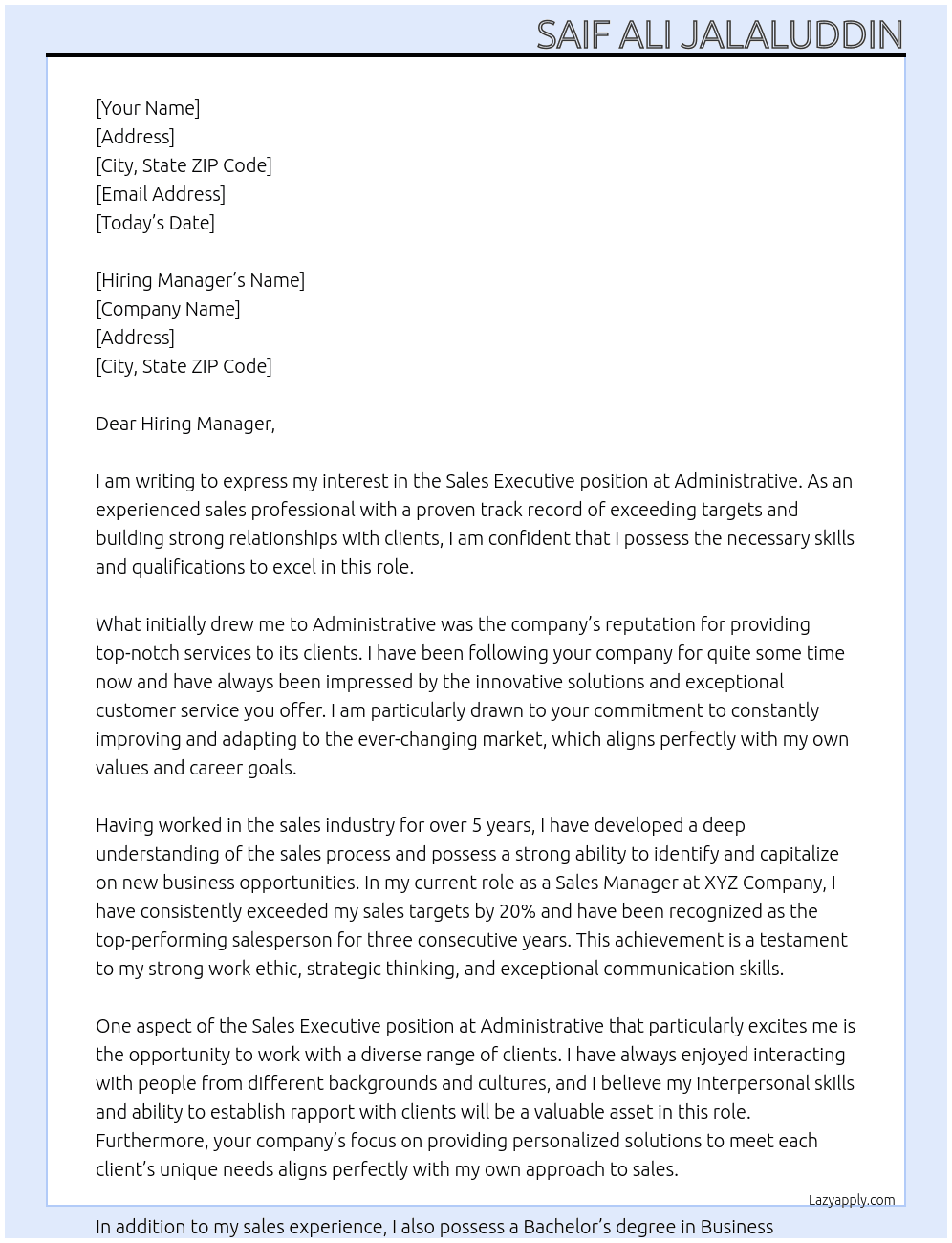 sales executive At administrative Cover Letter