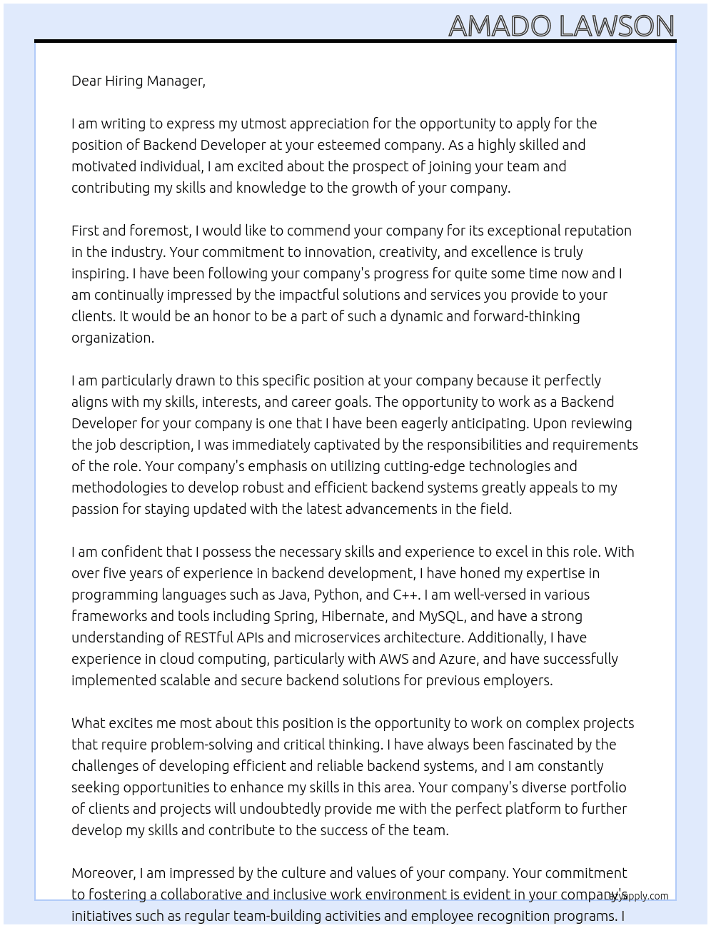 Backend Developer At your company Cover Letter