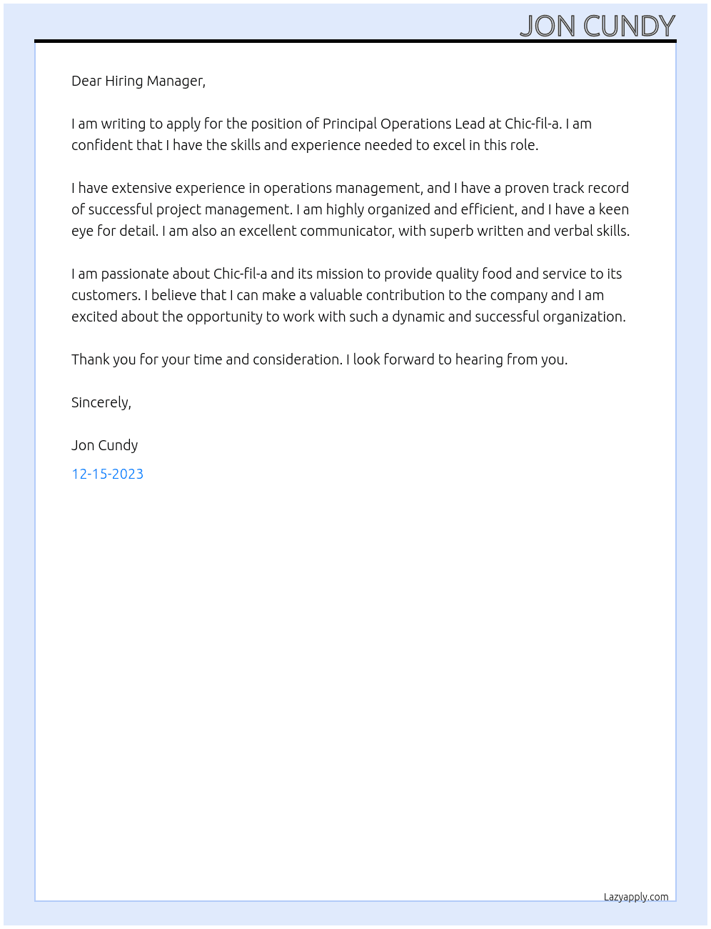 Principal operations lead At Chic-fil-a Cover Letter