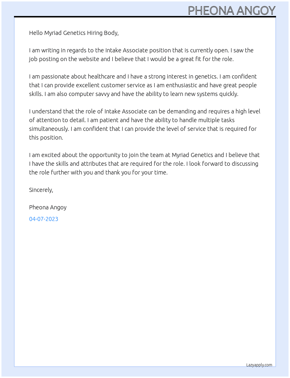 Intake Associate At Myriad Genetics Cover Letter