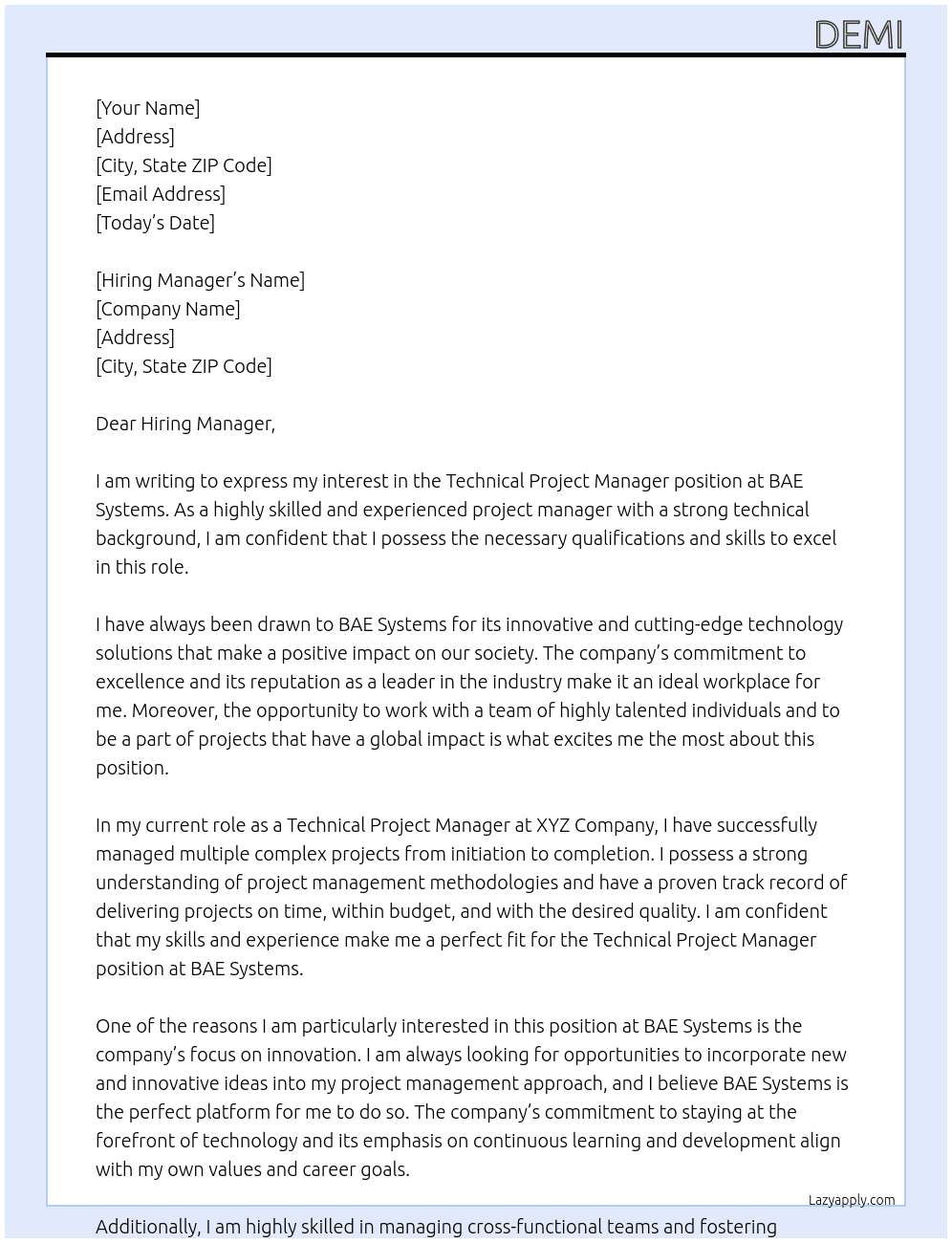 Technical Project Manager At BAE Systems Cover Letter