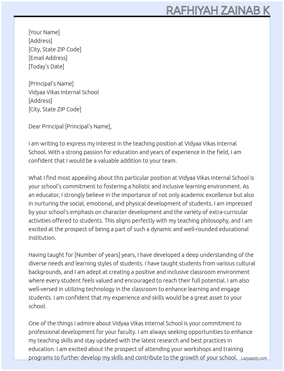 teacher At vidyaa vikas internal school Cover Letter