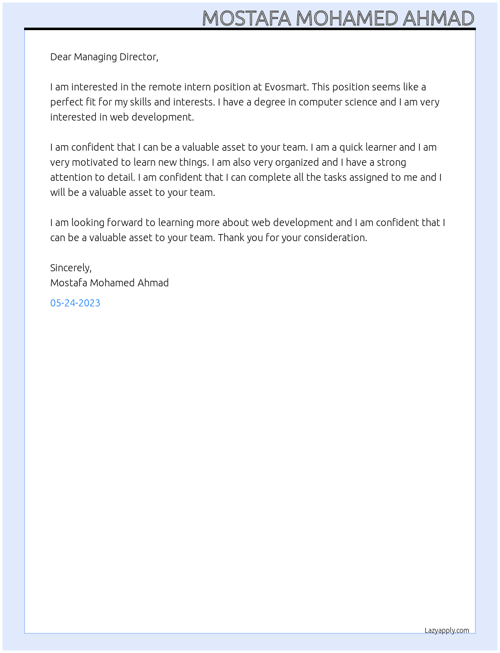 Remote INtern At Evosmart Cover Letter