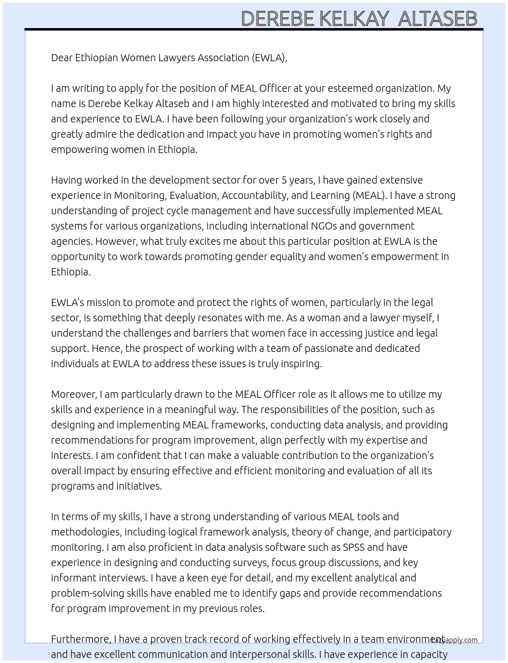 MEAL Officer At Ethiopian Women Lawyers Association(EWLA) Cover Letter