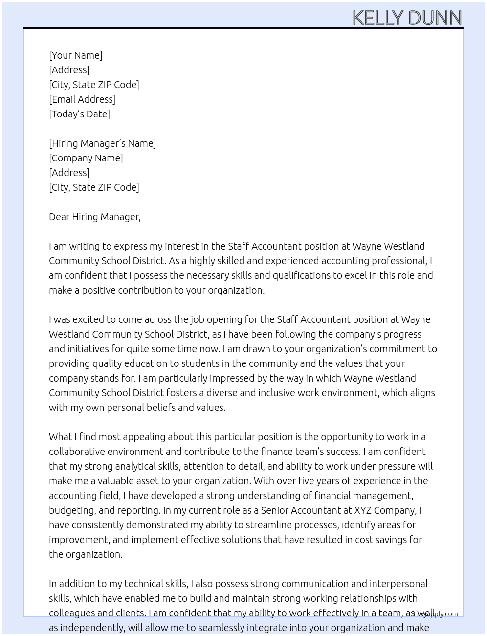 Staff Accountant  At Wayne Westland Community School District Cover Letter