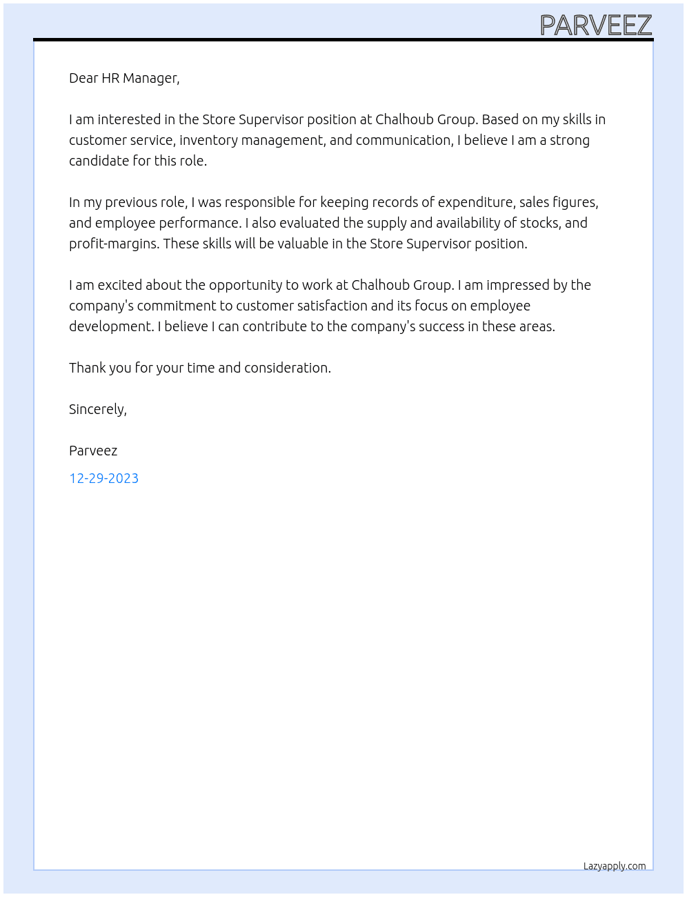 STORE SUPERVISOR At CHALHOUB GROUP Cover Letter