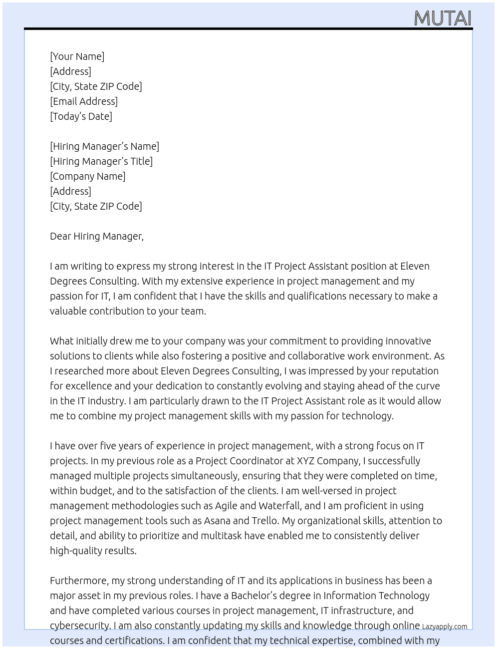 IT project assistant At eleven degrees consulting Cover Letter