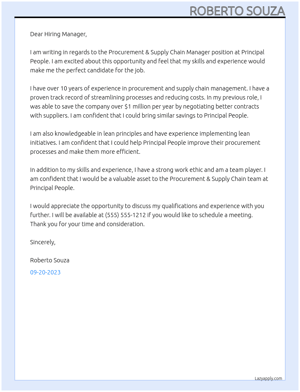 Procurement & Supply Chain Manager At Principal People Cover Letter
