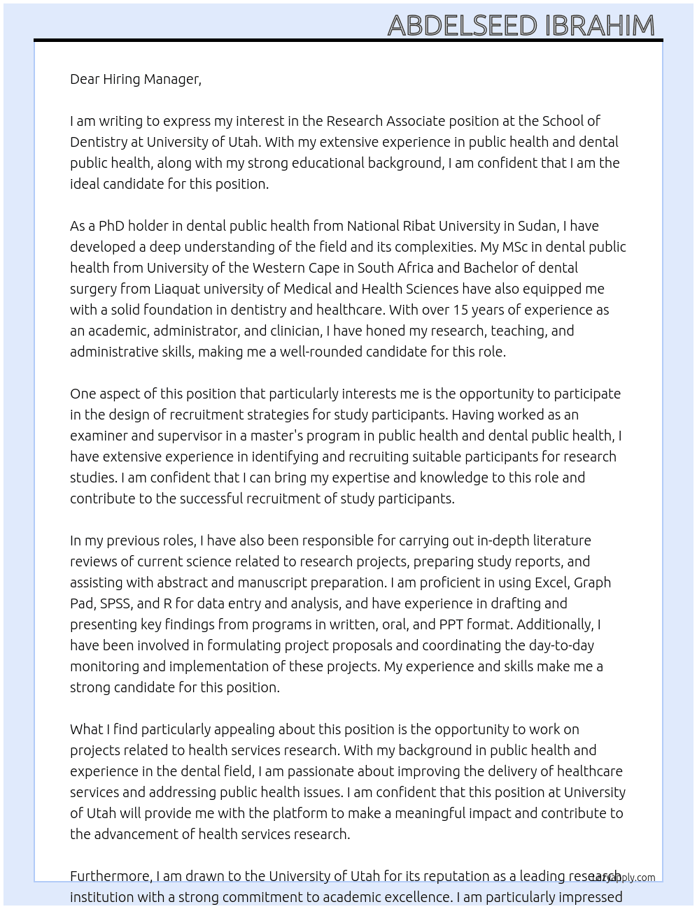 Research Associate, School of Dentistry At University of Utah  Cover Letter