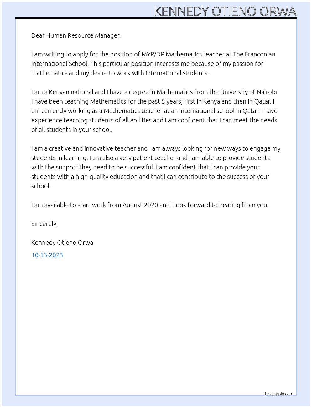MYP/DP Mathematics teaccher At The Franconian International School Cover Letter
