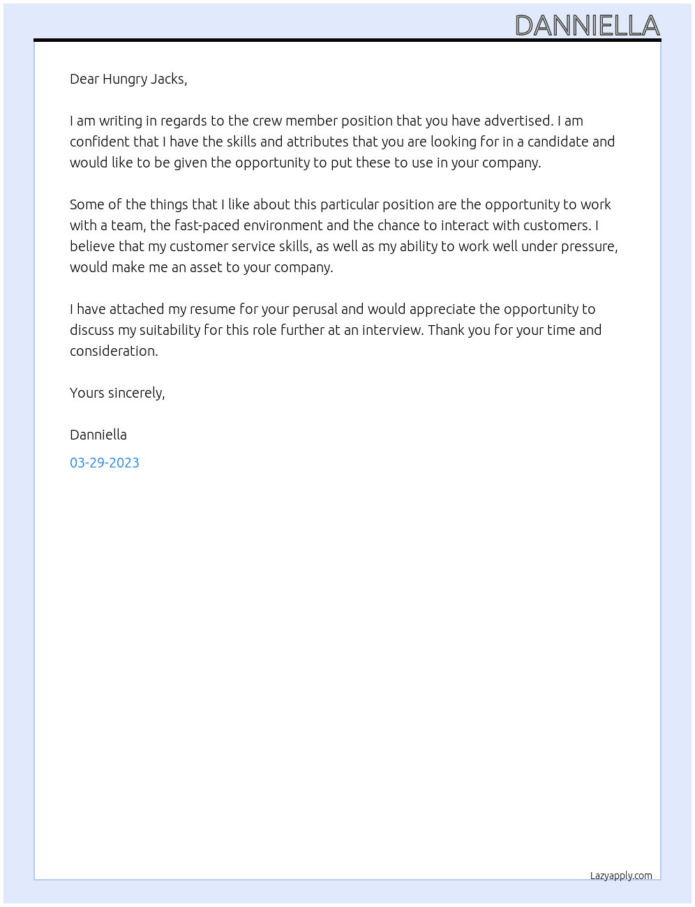 Crew member  At Hungry Jacks Cover Letter