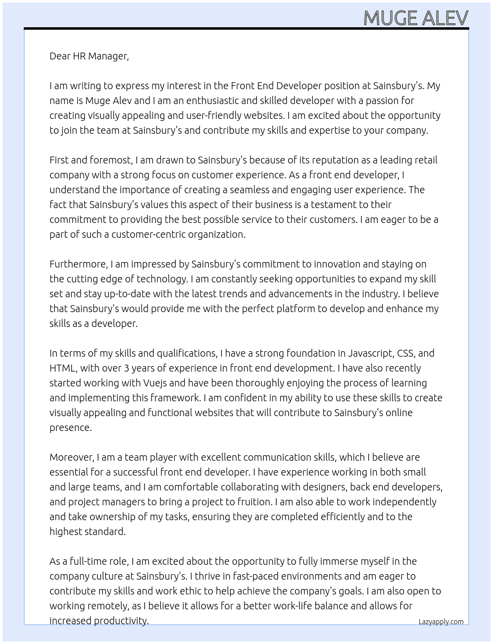 Front End Developer At Sainsbury's Cover Letter