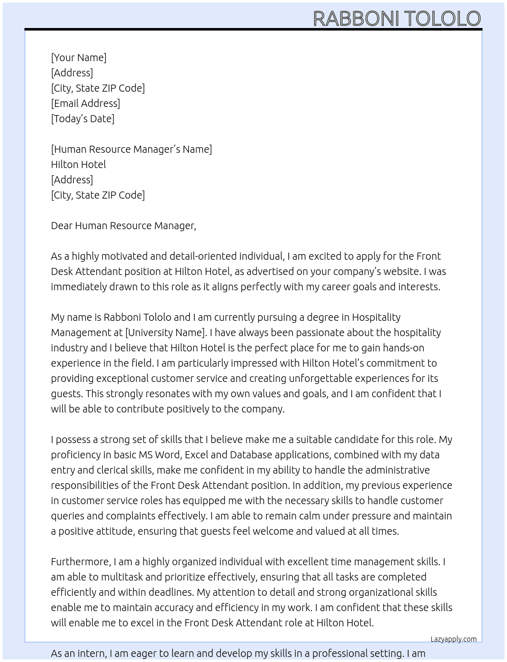 Front Desk Attendant At Hilton Hotel Cover Letter