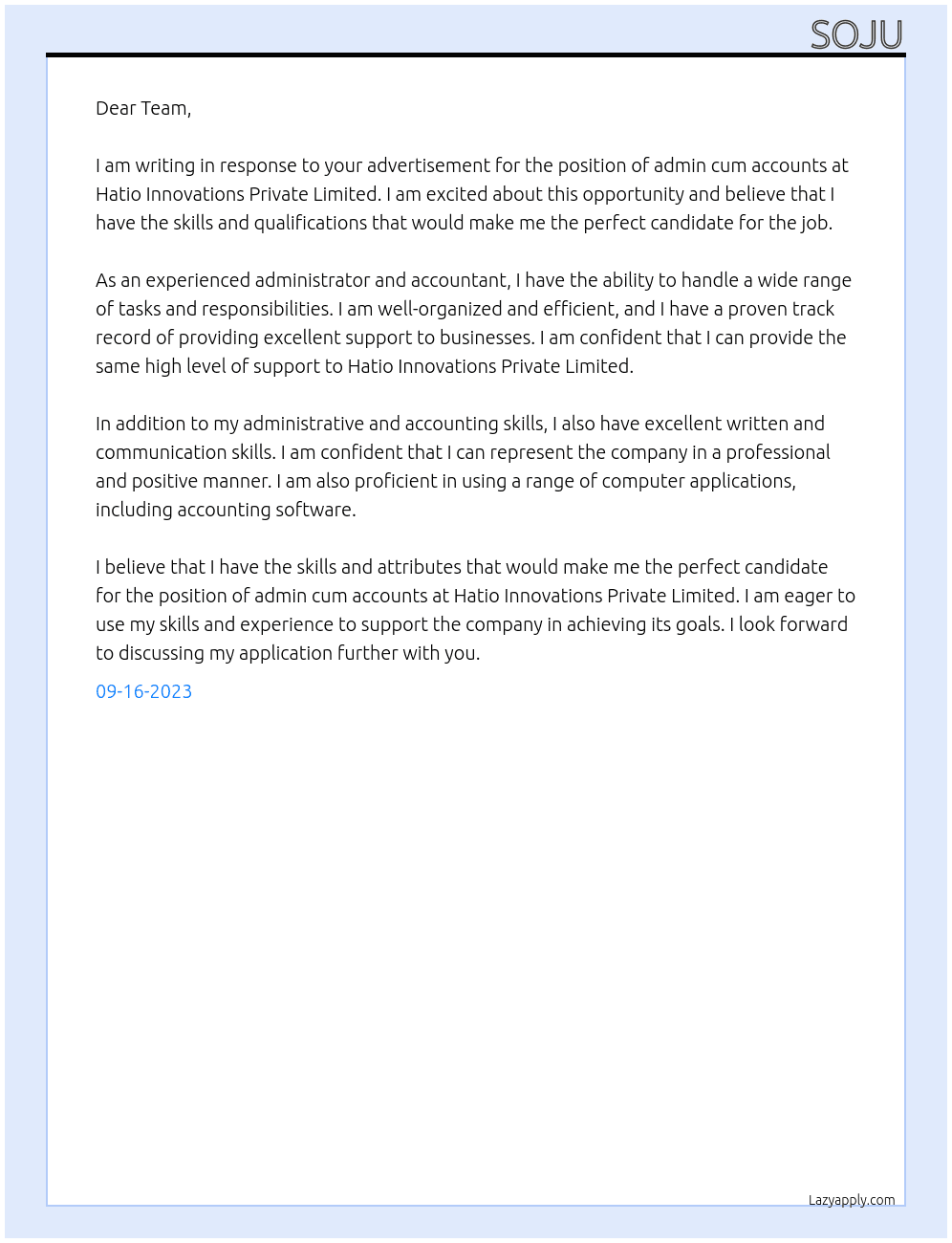 admin cum accounts  At Hatio Innovations Private Limited Cover Letter