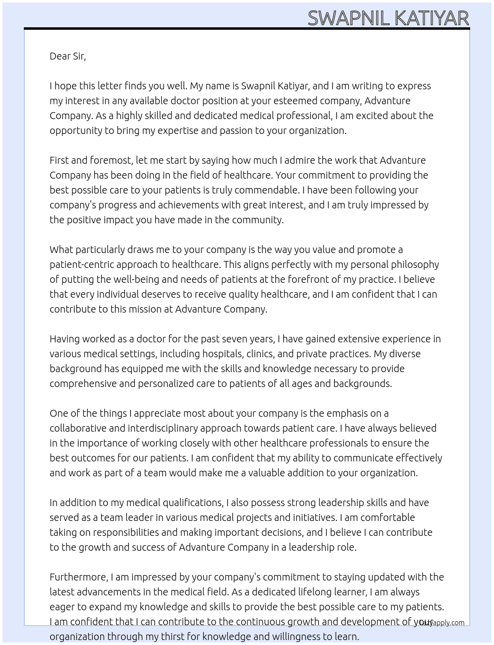 doctor At advanture company  Cover Letter
