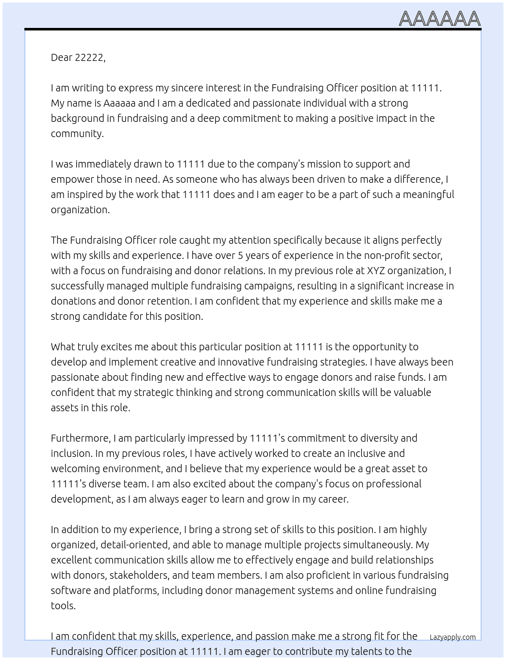 Fundraising officer At 11111 Cover Letter