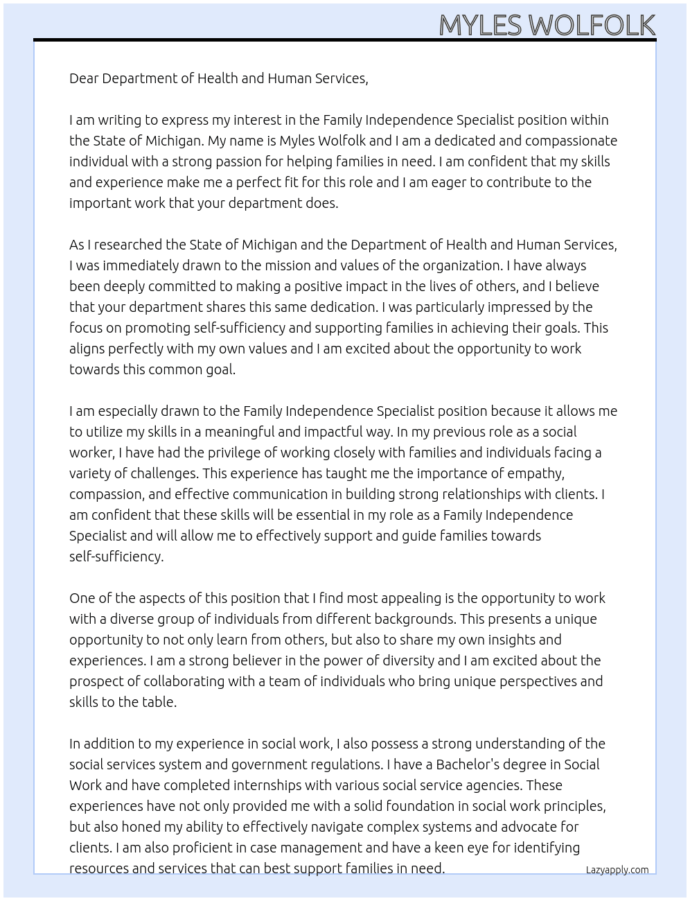 Family Independence Specialist At State of Michigan Cover Letter
