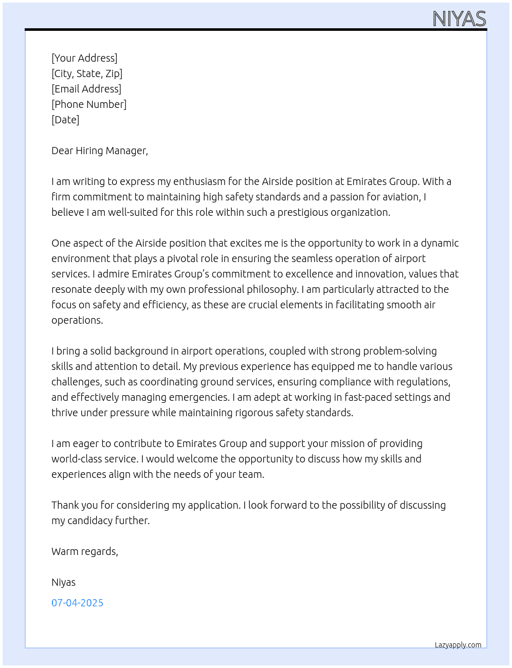 Cover letter for airside - LazyApply