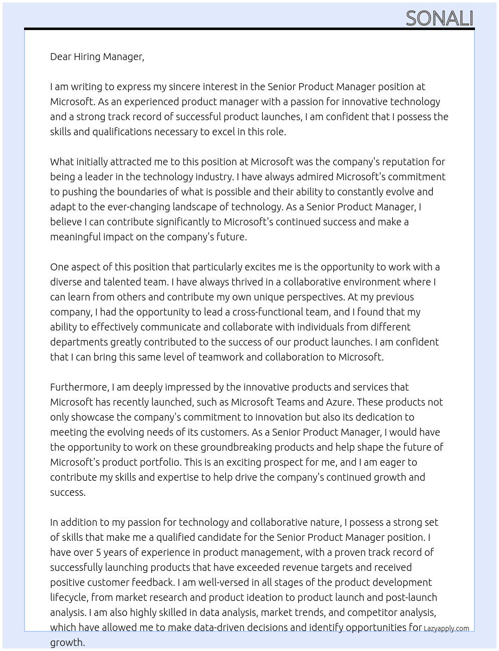 Senior Product Manager At Microsoft Cover Letter