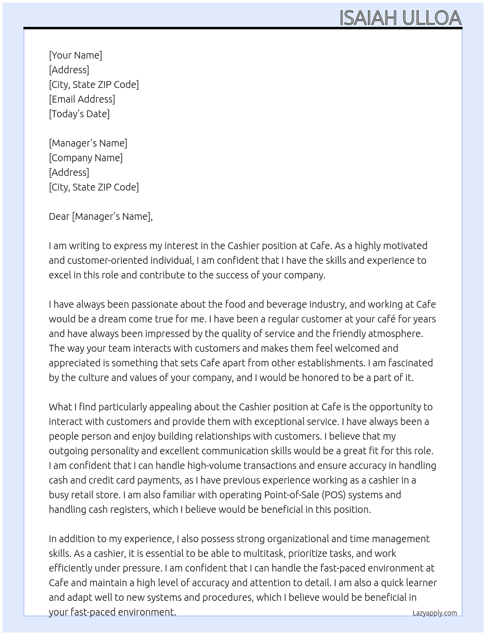 Cashier At Cafe Cover Letter