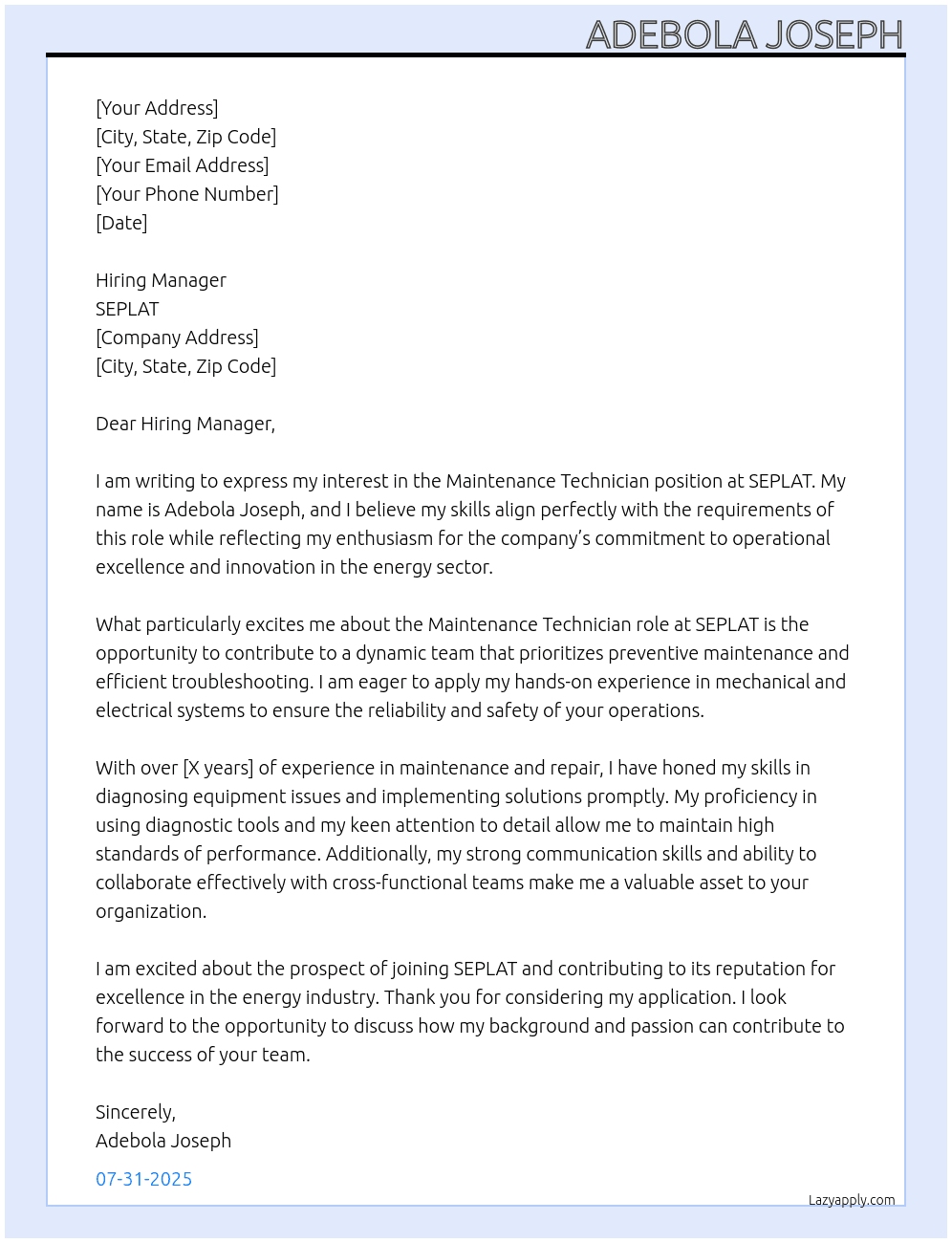 MAINTENANCE TECHNICIAN At SEPLAT Cover Letter