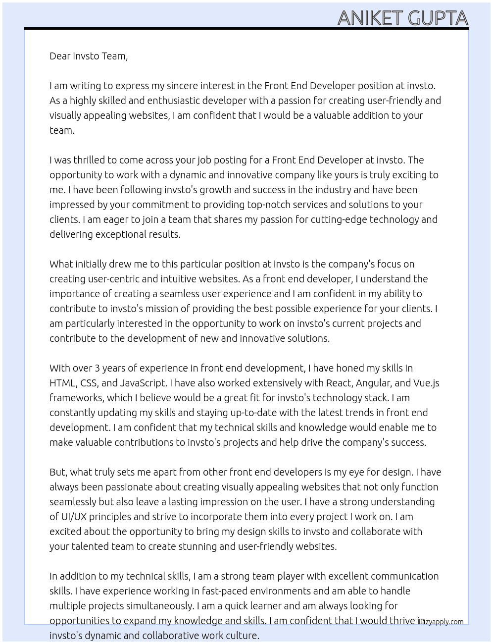 front end developer At invsto Cover Letter