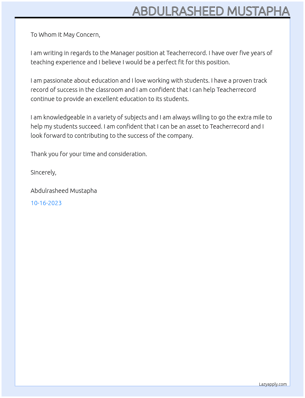 Teaching experience At Teacherrecord Cover Letter