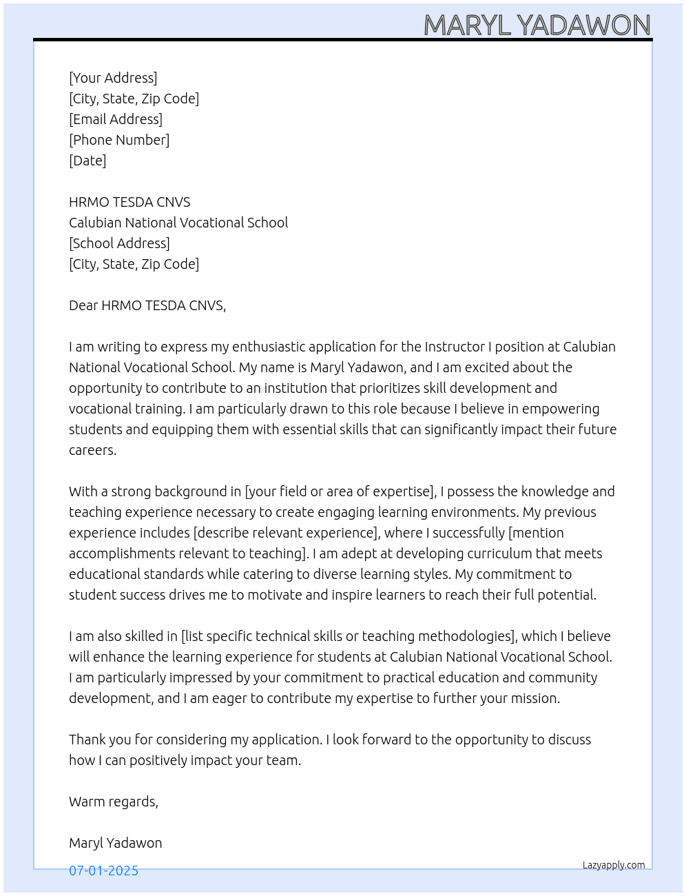 Cover letter for instructor i - LazyApply