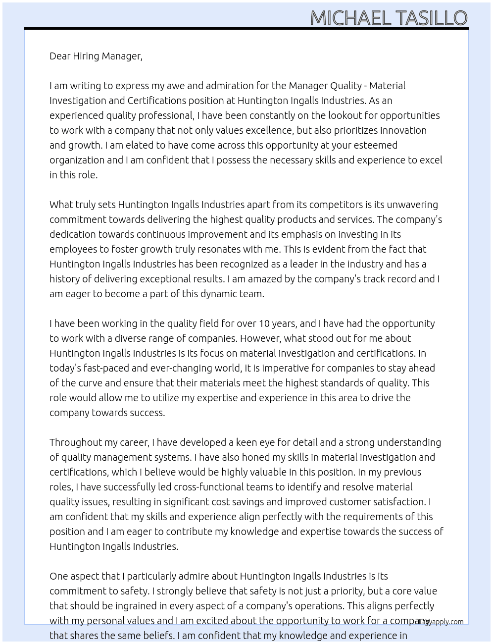 Manager Quality - Material Investigation and Certifications At Huntington Ingalls Industries Cover Letter