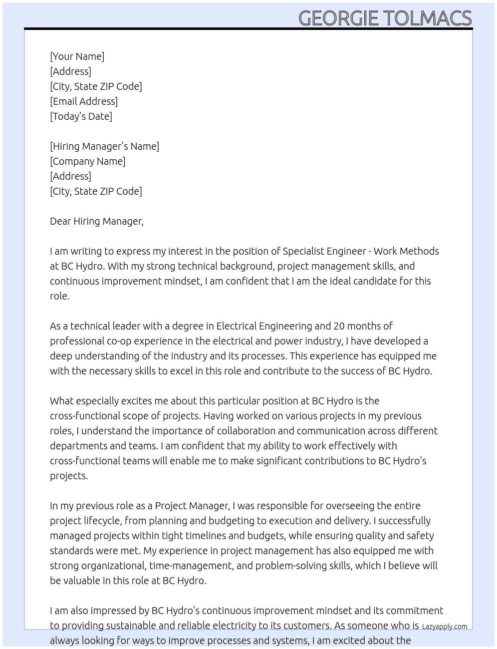 Specialist Engineer - Work Methods At BC Hydro Cover Letter
