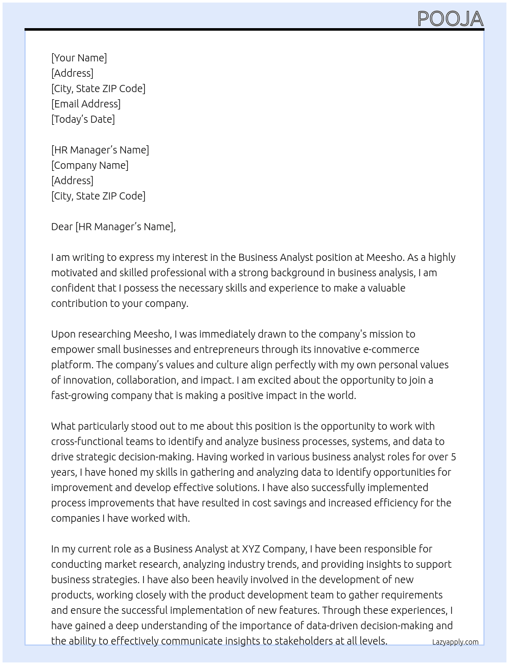 Buisness analyst  At Meesho Cover Letter