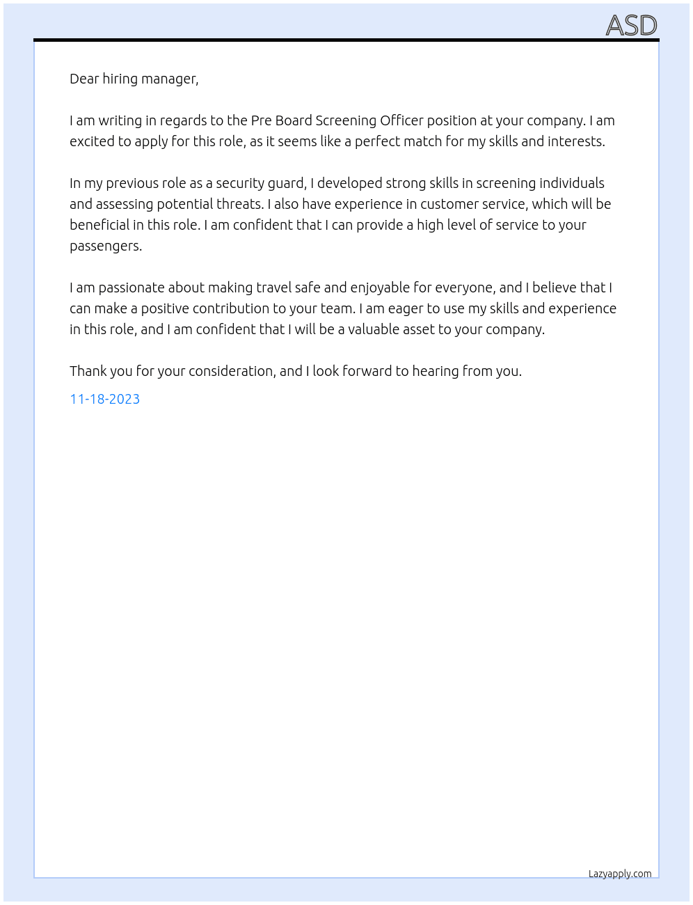 Pre Board Screening Officer At asd Cover Letter