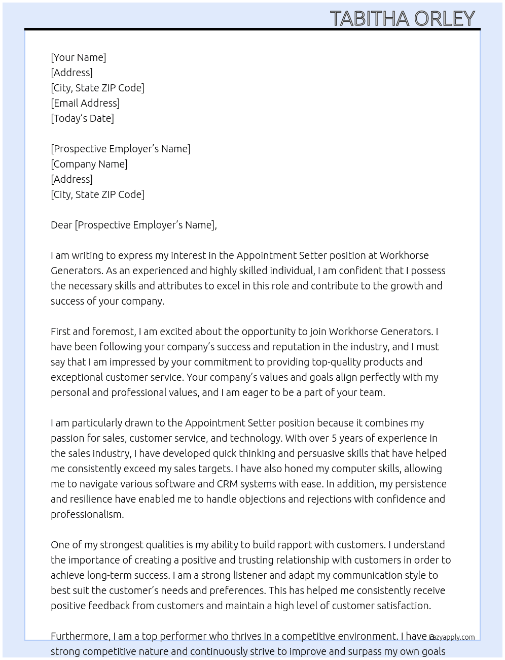 Appointment Setter  At Workhorse Generators Cover Letter