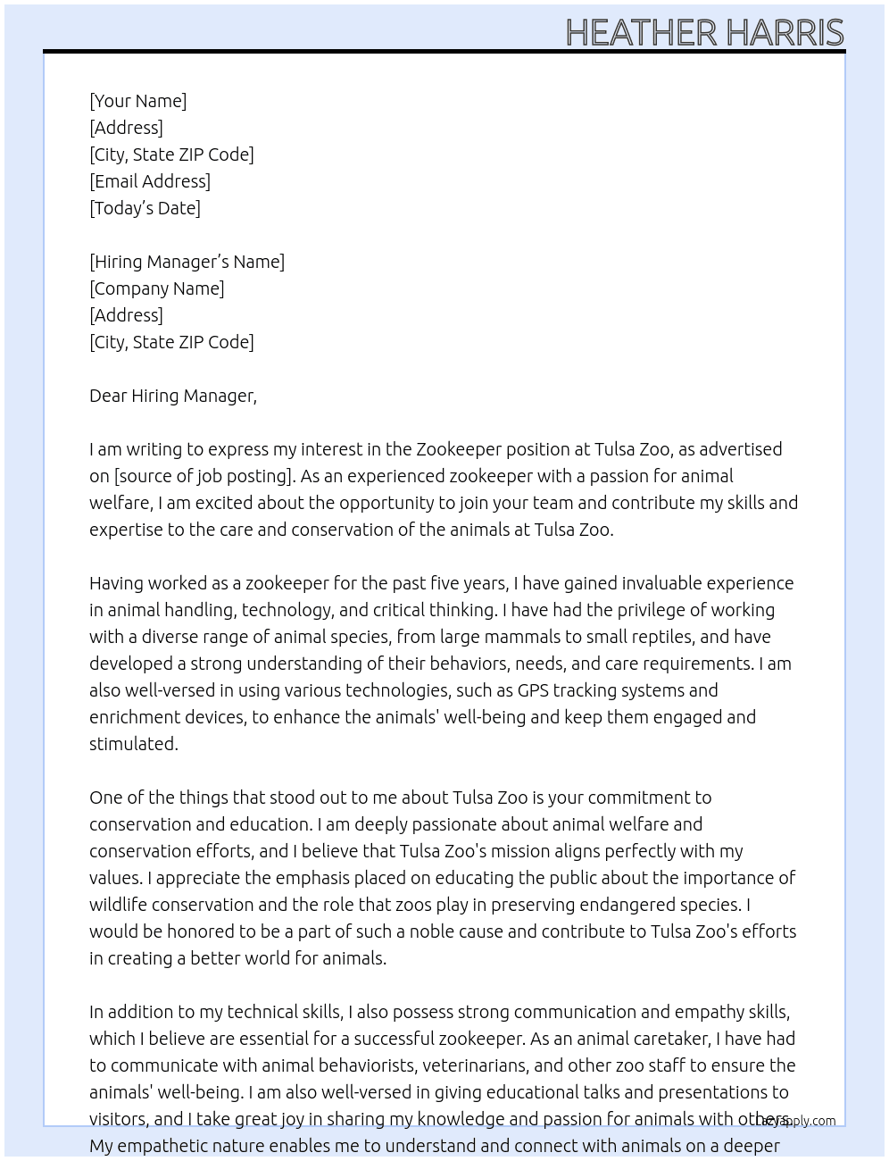Zookeeper At Tulsa Zoo Cover Letter